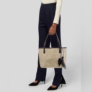 NANCY GONZALEZ ERICA Natural Coated Beige Linen Black Crocodile Trim Tote